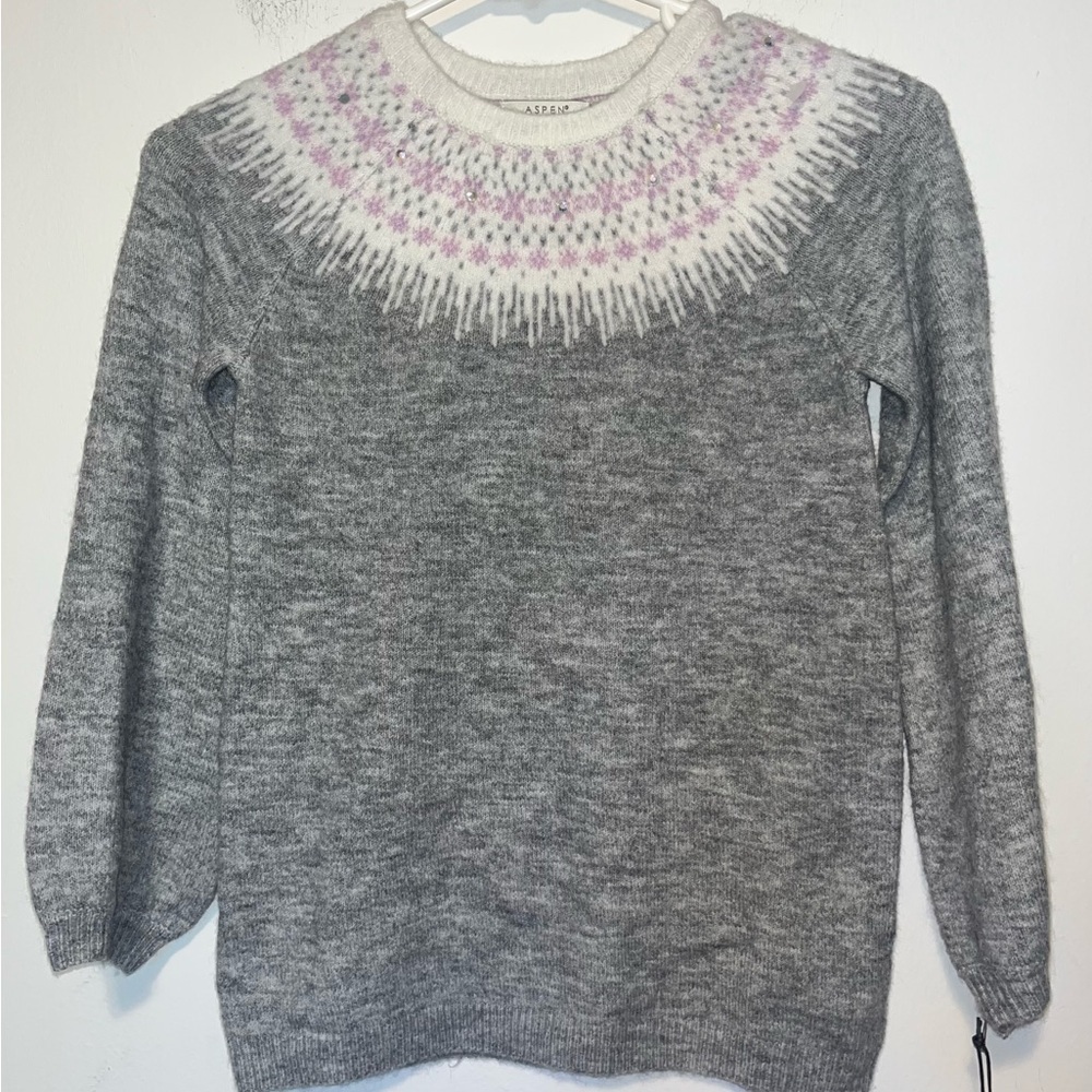 Aspen Kids Girls Sz M (7/8) Gray Crewneck Long Sleeve Faire Isle Sweater NWT